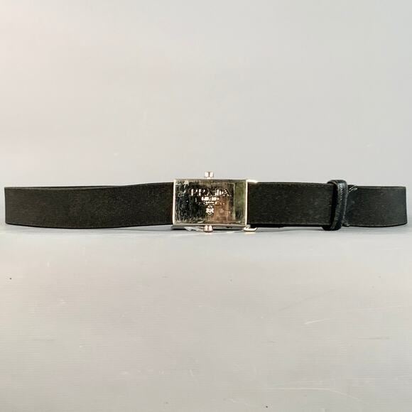 PRADA Size 38 Black Silver Logo Canvas Box Buckle Belt - Picture 1 of 7